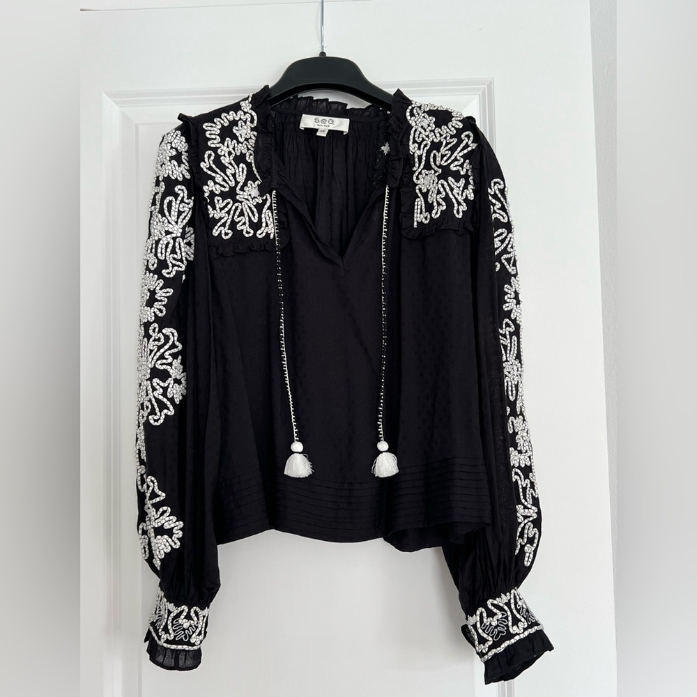 Sea New York Black Blouse with White Embroidery